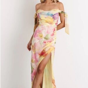 Baltic Born Off-Shoulder Floral Maxi Dress in Pastel Yellow, Pink & Green